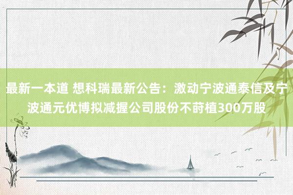 最新一本道 想科瑞最新公告：激动宁波通泰信及宁波通元优博拟减握公司股份不莳植300万股